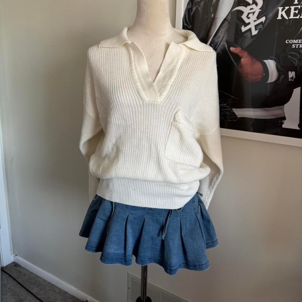 VTG Carole Little White Ivory Cableknit Acrylic Pullover V Neck Collared Sweater